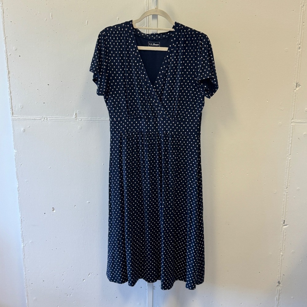 L.L. Bean Navy Polka Dot Faux Wrap Midi Dress Empire Waist 504854 M Reg
